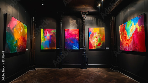 A series of colorful, abstract paintings hanging on the walls of a dark, elegant room, adding visual interest to the space.