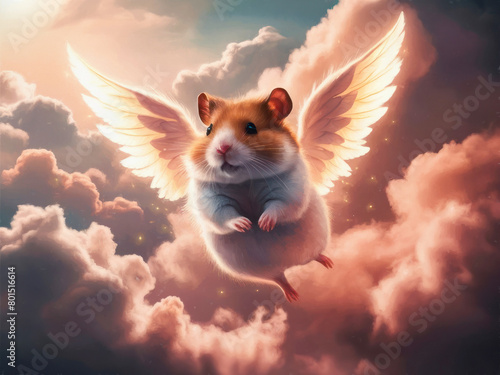 Cute hamster angel in animal heaven. Oil painting on canvas with texture and brush strokes. Grief card. Ideal of crematories, pet shops, parents and friends. Painting watercolor Pet paradise Afterlife