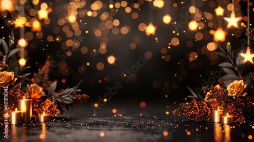  A black-and-gold backdrop featuring candles, blooms, stars, and an agglomeration of lights in image's center
