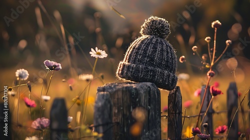 A cozy beanie perched atop a rustic wooden fence, surrounded by a field of vibrant wildflowers. The soft morning light caresses its woolen texture, inviting you to embrace the warmth it promises. 