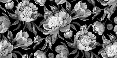 Seamless monochrome pattern with peonies drawn in gouache for textile