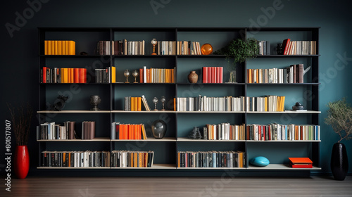 A row of sleek, modern bookshelves filled with colorful books, standing out against the dark backdrop of the room.