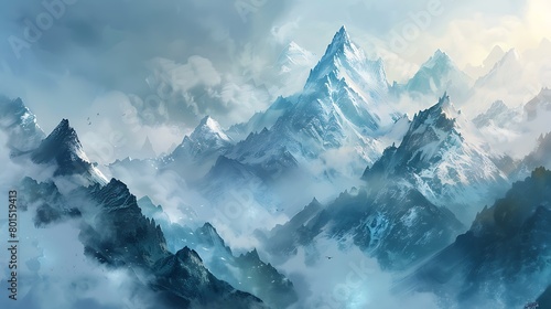 A majestic mountain range, shrouded in mist, with snow-capped peaks piercing through the clouds, creating an ethereal and awe-inspiring landscape