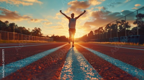 Vibrant early morning victory celebration: one athlete raises arms triumphantly on sunlit track, resonating Olympic ambition, enthusiastic mood, competition spirit, copy space.