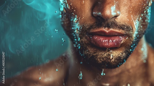 Captivating close-up of determined male swimmer with water droplets on face, embodying sportsmanship and Olympic rigor.