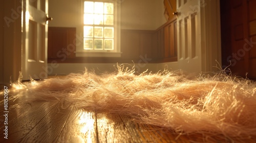  A room featuring a wooden floor, a window letting in sunlight, and a mound of fur on the floor