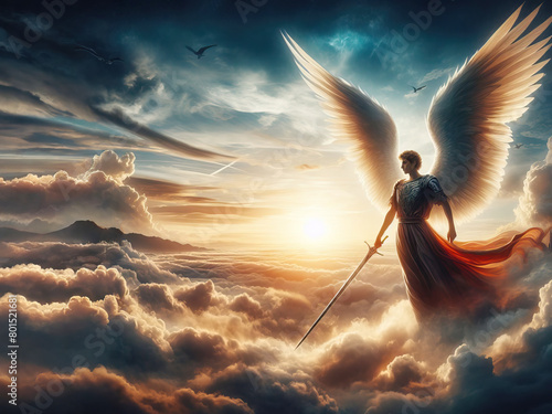 Shining angel with sword in hand In sky on clouds during sunset