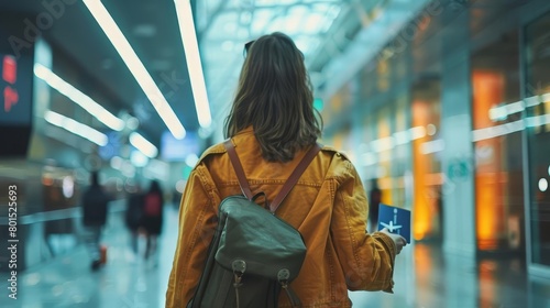 rear view of woman walking to departure gate at airport holding passport and boarding pass travel photography