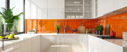 A minimalist kitchen with a vibrant, tangerine orange backsplash and crisp, white cabinets, surrounded by colorful accents and offering ample copy space.