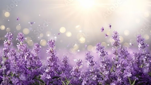  A scene of purple flowers in foreground, blue sky behind, sun overhead illuminating them