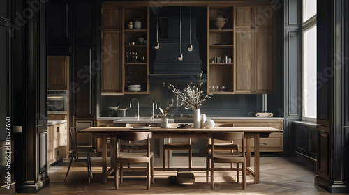 A meticulously designed kitchen space featuring a modern wooden dining set against a backdrop of a dark classic wall, showcasing impeccable craftsmanship and style.