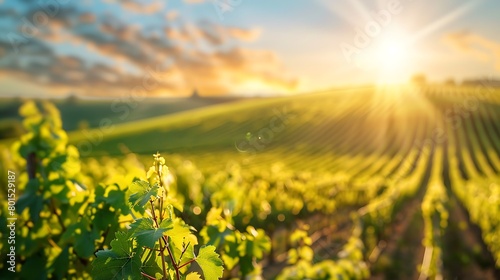 A sun-kissed vineyard, with rows of grapevines stretching to the horizon, and a blank frame nestled amidst the verdant foliage, ready to capture the essence of viticulture