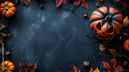 Happy Halloween. Party invitation banner or background with pumpkins and bats on a black background, space for text, top view.