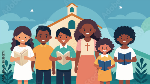 A group of children stand at the front of the church reciting speeches and poems about Juneteenth their voices confident and powerful as they honor. Vector illustration