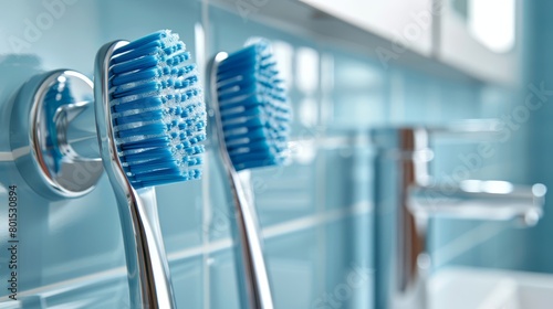  Two toothbrushes atop a blue wall A white sink adjacent Bathroom setting