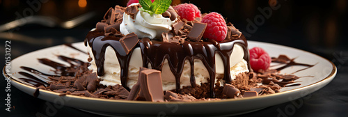 A decadent and rich plate of creamy chocolate mousse with dark chocolate and whipped cream.