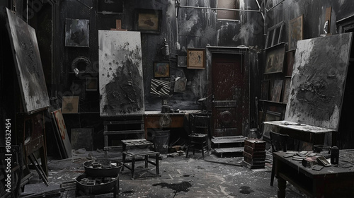 A dark and brooding art studio with splattered canvases and unfinished sculptures scattered about.
