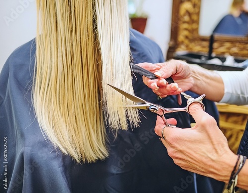 Blonde Frau sitzt beim Friseur - Frisör schneidet mit Schere Haare