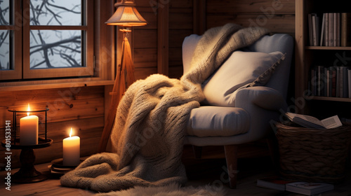 A cozy reading nook tucked away in a corner, with a comfortable armchair and a soft, knitted throw.