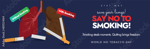 World No Tobacco Day. 31 May World No tobacco day cover banner, post with inside view of lungs showing the difference between smoker lung, non smoker healthy lung. Say no to smoking conceptual banner.