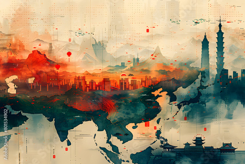Asia Digital Map Background - Orange Teal Mint Colors - Minimalistic Cityscape Illustration