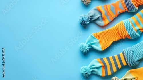  A collection of vivid socks arranged atop a blue background, each featuring pom-poms atop them