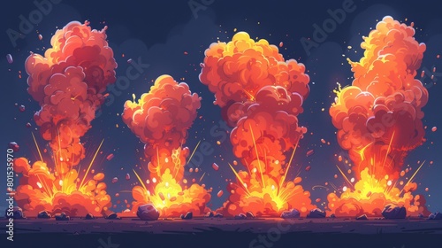 Dynamite explosions, explosive detonations and atomic bombs cloud comics. Bomb dynamites detonators mobile game animation. Isolated modern illustration icons.
