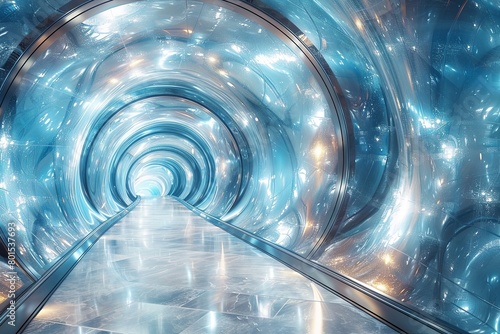 Long narrow glass tunnel and has a shiny with a blue light shining on it