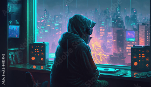 Futuristic apartment with faceless old man, a black hoodie and joggers and with a view of a futuristic, Generative Ai