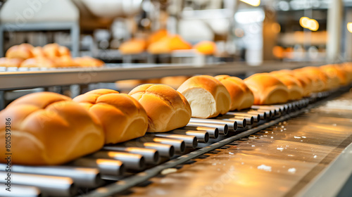 Loafs of bread in a bakery on an automated conveyor belt at industrial factory. Automatic bakery production line with loafs of bread 