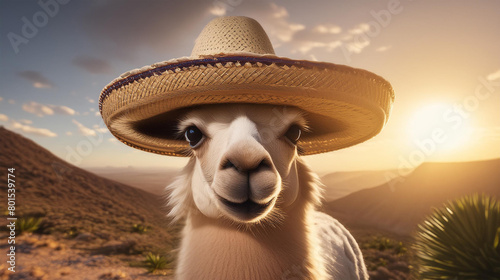 Llama wearing a sombrero, silly and funny