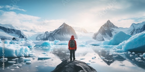 Adventurer exploring icy arctic landscape