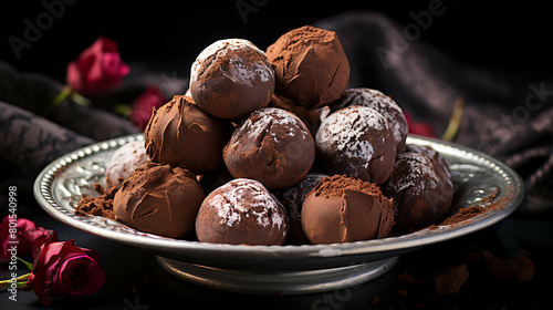 A decadent and rich plate of chocolate truffles with creamy ganache.
