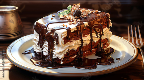 A decadent and rich plate of creamy chocolate cake with chocolate ganache and whipped cream.