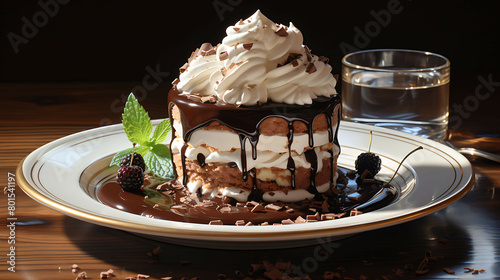 A decadent and rich plate of creamy chocolate mousse with dark chocolate and whipped cream.