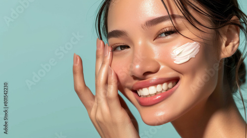 Photorealistic of A happy-faced woman uses cosmetics containing hyaluronic acid to plump up her skin