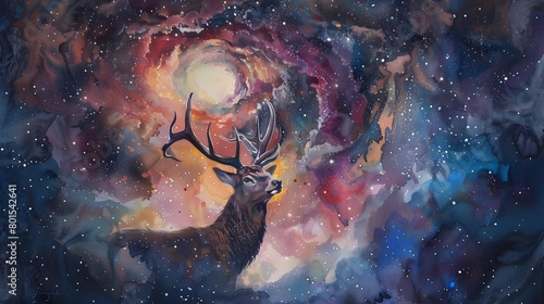 Ethereal Celestial Deer Amid Swirling Galaxies and Starry Skies - Dreamlike Watercolor Painting of Surreal Wildlife Artwork
