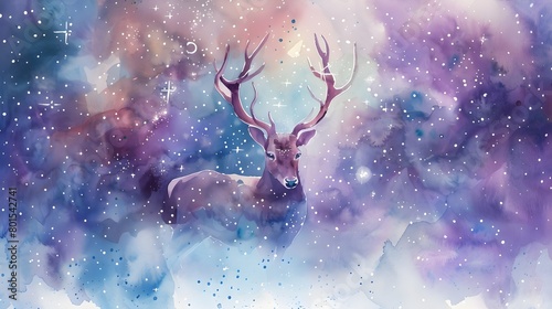 Watercolor Painting of a Graceful Deer Wandering Through a Surreal Milky Way Backdrop with Swirling Galaxies and Sparkling Stars