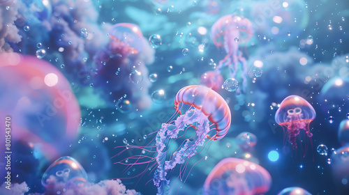 Beautiful pink jellyfish with long tentacles, poisonous jellyfish against the backdrop of a deep blue underwater landscape. Poisonous exotic jellyfish