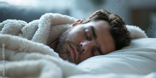 man sleeping on a bed under a blanket with his eyes closed and his head tucked under a blanket