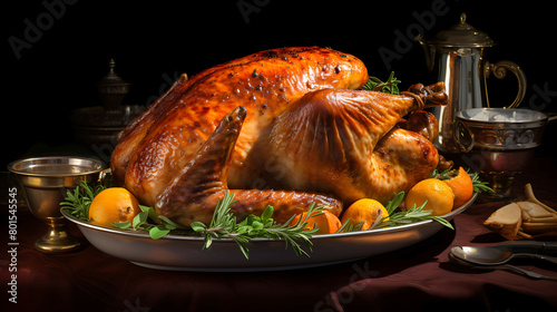 A golden-brown roasted turkey with crispy skin and savory gravy.