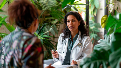 A doctor discussing mental health and wellness with a patient, who appears relaxed in a home environment, surrounded by indoor plants, video consultation with a patient, natural li