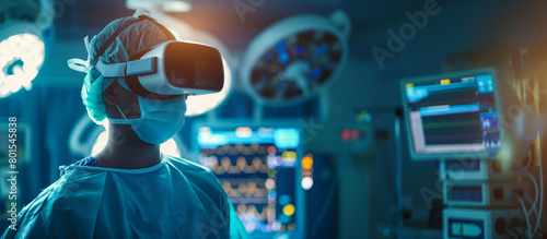A surgeon practicing a complex neurosurgical procedure using VR, with the focus on the VR headset and their concentrated expression, medical procedures, doctor using virtual realit
