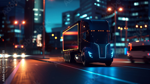 The truck at night, illuminated only by its own LED headlights, testing its night-time driving capabilities and sensor effectiveness, Transport, Electric and autonomous vehicles, n