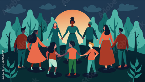 In a secluded clearing a circle of individuals joined hands and chanted in unison paying homage to their forefathers and foremothers.. Vector illustration