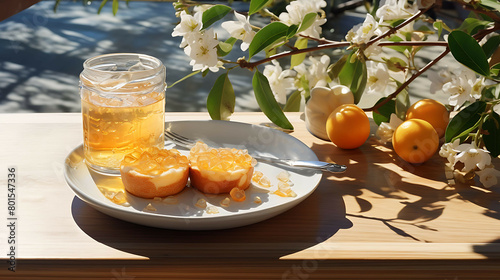 A loquat slice placed on a refreshing plate, with a few loquat seeds nearby, and a sprinkle of sugar on top, on a sunny outdoor table.