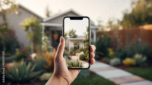 Close-up of a woman's hand taking a photo of a modern house on a mobile phone while standing in the yard. Sale photo concept.