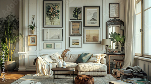 A contemporary gallery wall with a mix of artwork, mirrors, and wall hangings to add personality to a blank wall.