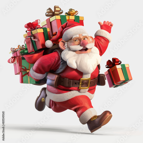 a santa clause is running with presents in his hand