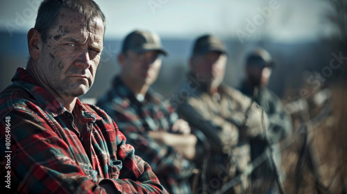 A man with a red plaid shirt and a cowboy hat is standing with his arms crossed. He looks angry and is staring at the camera. There are three other men in the background, all wearing plaid shirts